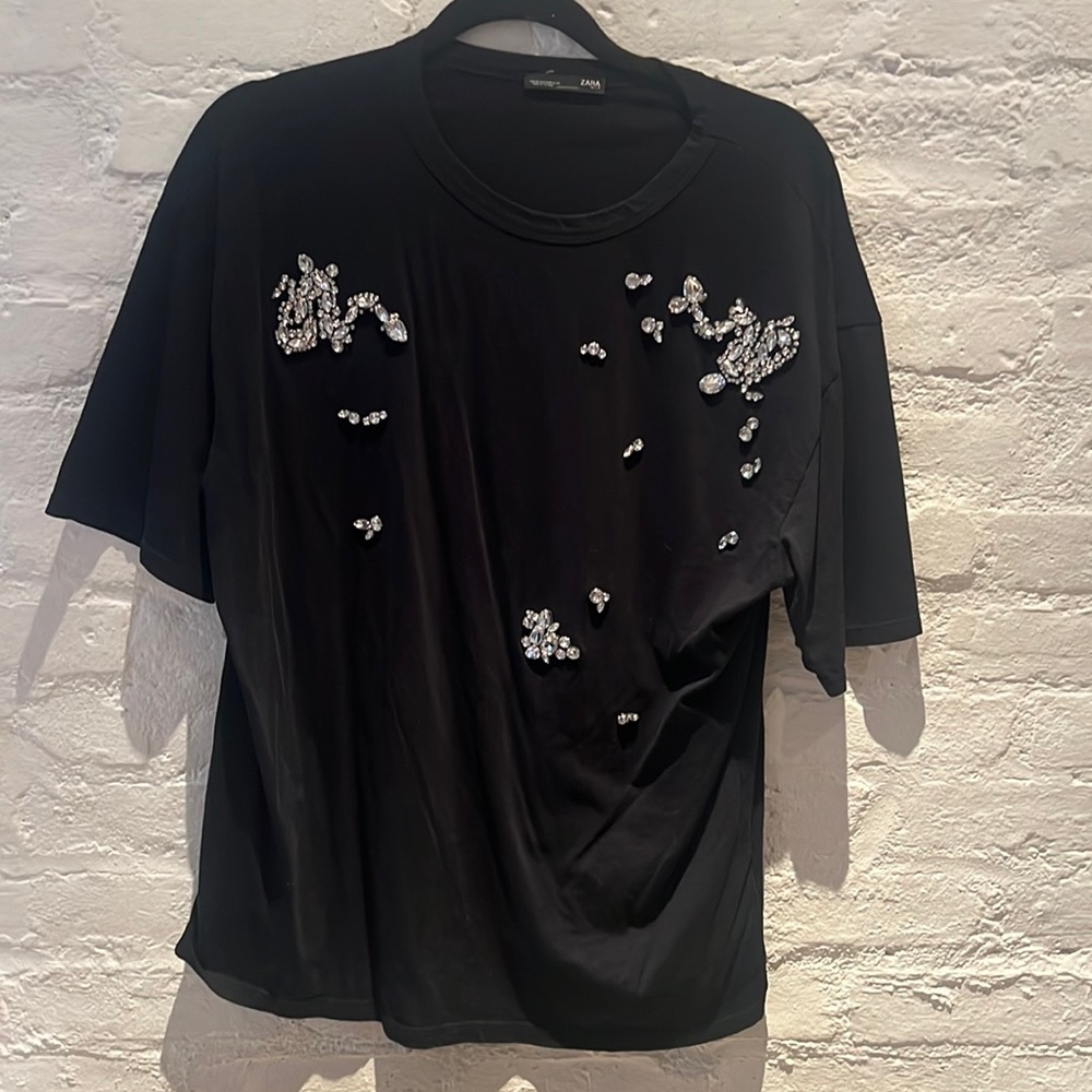 Zara black bejeweled diamond tee size M
